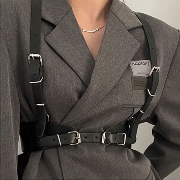 Harness Belt Black Leather Goth Rave Adjustable - Picture 1 of 4